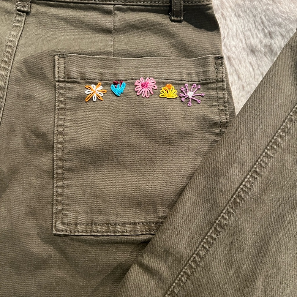 Embroidered Olive Wide Leg Jeans